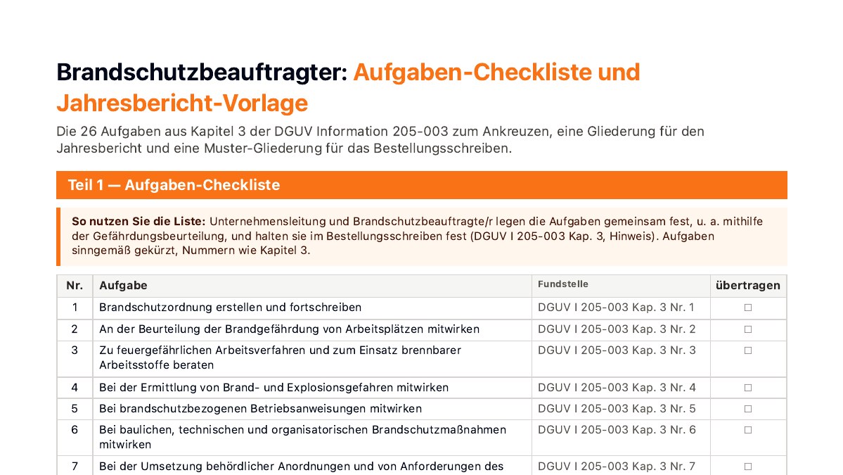 Vorschau: Brandschutzbeauftragter: Aufgaben-Checkliste und Jahresbericht-Vorlage (PDF)